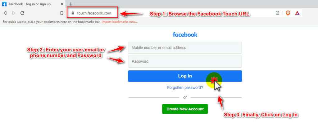 how to login via facebook touch