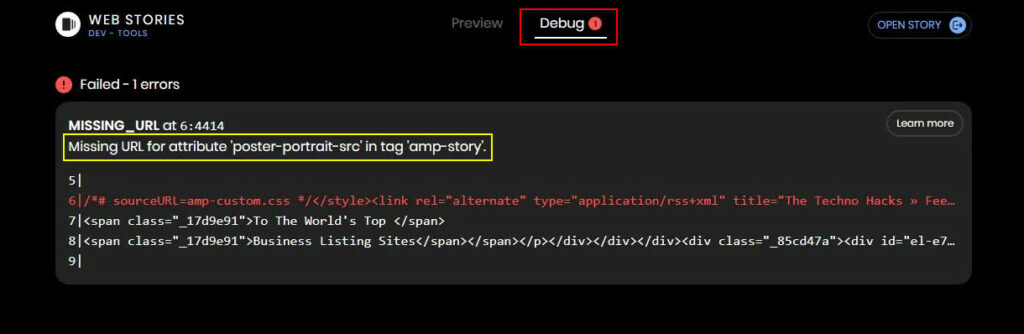 How To Know If Your Web Story Has Missing URL in HTML tag amp-story error.