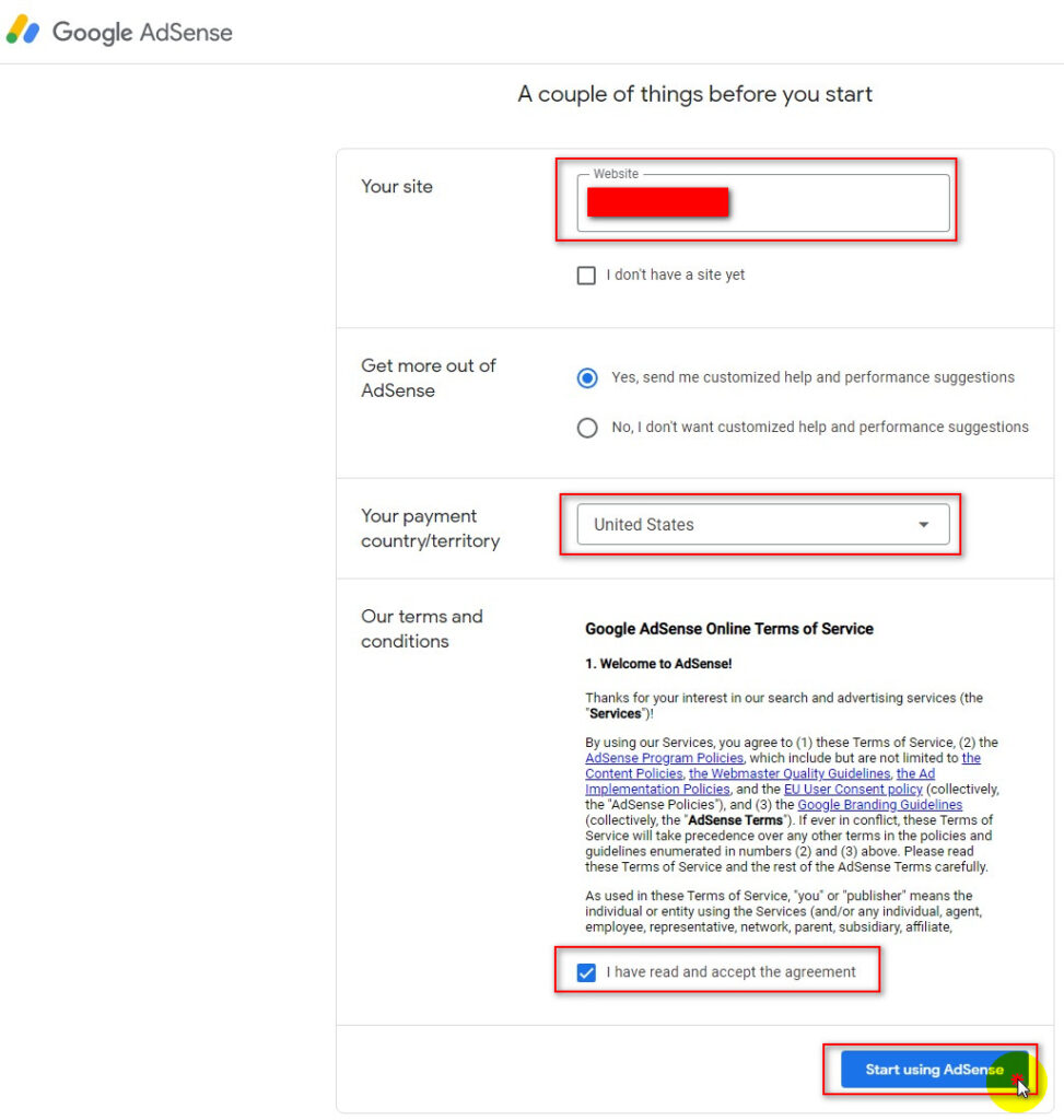 how to apply for google adsense - fil out the form