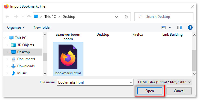 Browse the HTML file taken from your old PC and click on Open
