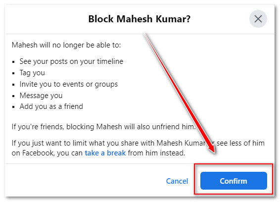 Click on the confirm button to complete blocking