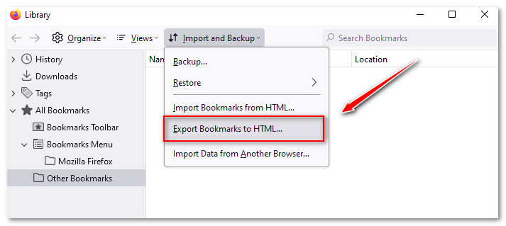 Click on Export Bookmarks to HTML option