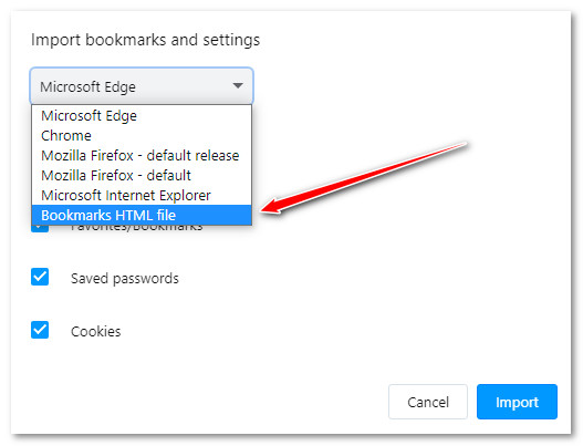click on the Bookmarks HTML file option
