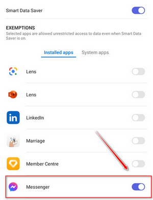 disable data saver mode for messenger app