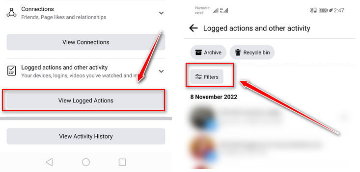 tap on view logged actions